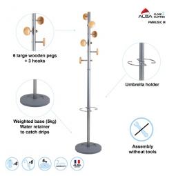 Alba Coat Stand Music 6 Pegs Wood and Silver Grey